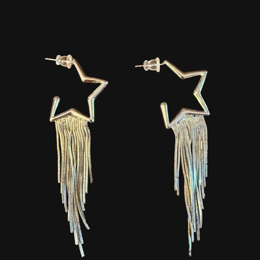 Brand New Silver-Tone Star Fringe Statement Earrings